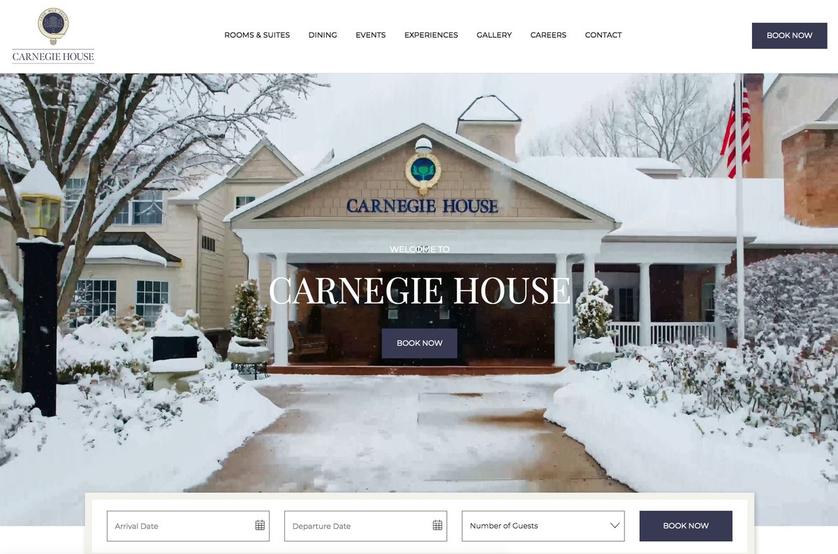 New website for Carnegie House a boutique hotel in the rolling hills of State College PA near Penn State University. It is an intimate gem decorated in the tradition of the finest European country manors. carnegiehouse.com