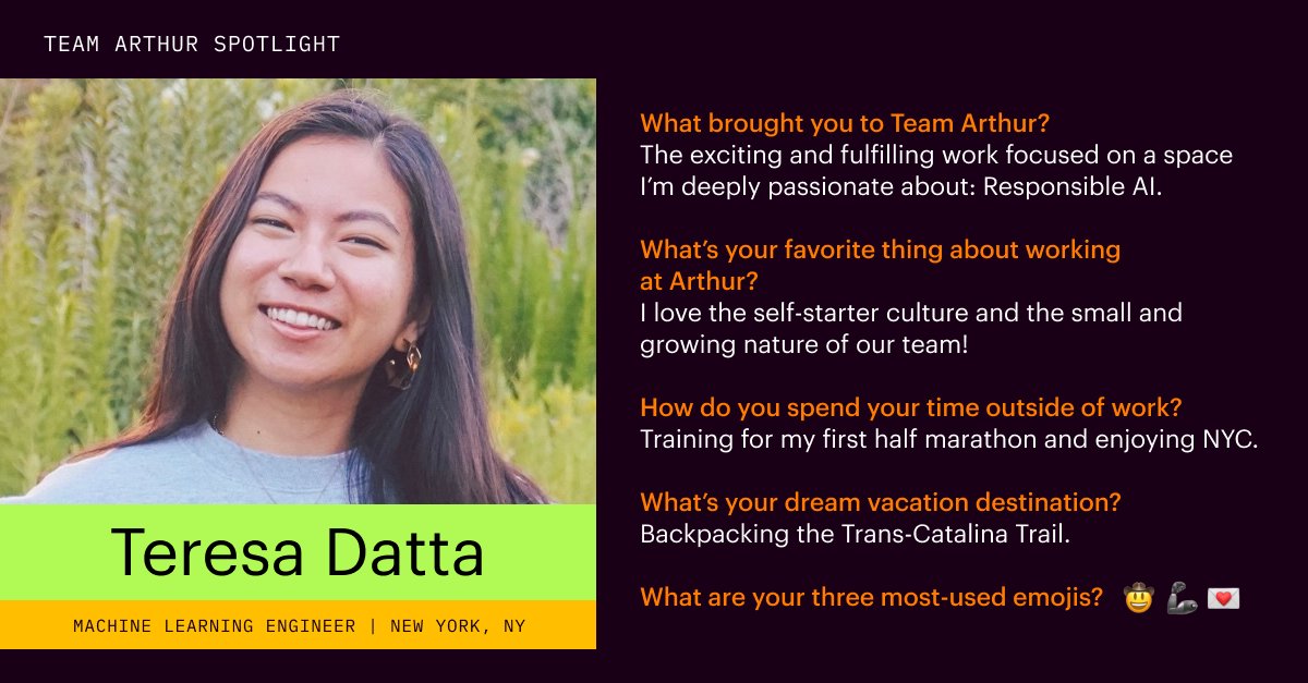 From presenting a paper at @NeurIPSConf last month to serving as the Resources & Community Lead for this year’s #WiDSDatathon, Teresa is an unbelievably talented and passionate member of the #DSML community—and is always making us proud. 👏 We’re lucky to have her on Team Arthur!