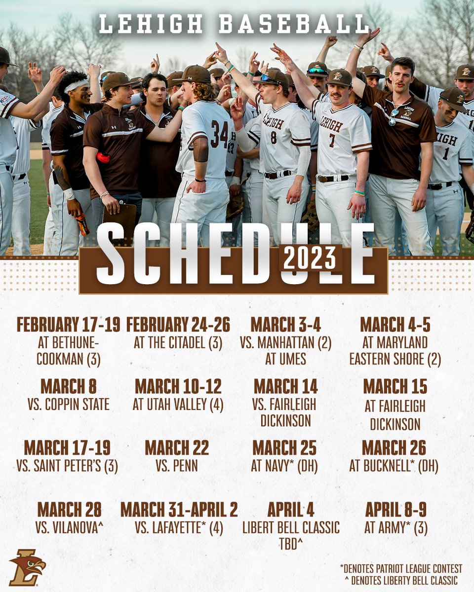 LehighBaseball's tweet image. Excited for the season to begin? 

Start making plans to come to the 22 games at J. David Walker Field at Legacy Park this season. #GoLehigh #RTTR 

Schedule Announcement 🔗: bit.ly/3HjKZF2