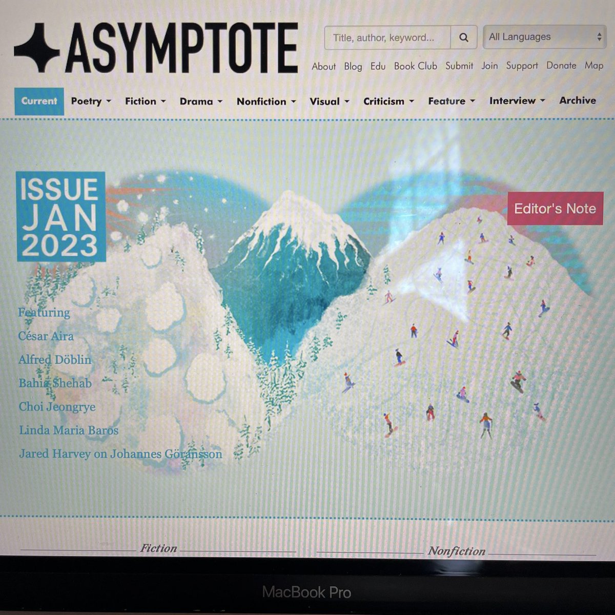 LitMeg's tweet image. Very excited about the release of our Winter Issue of Asymptote!! With new work from 34 countries in all, including César Aira, Choi Jeongrye, Menke Katz, César Vallejo, Johannes Göransson &amp;amp; much more! Check it out:
.
asymptotejournal.com