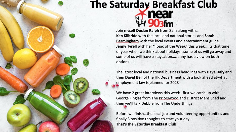 DeclanRalph's tweet photo. The Saturday Breakfast Club 8am @nearfm Join myself @SarahKEB @kenkilb7 @JcJen @DaveDalyFM and @theHRdepartment for local news, events and local and national business...also 2 great interviews with George Finglas Priorswood @IrishSheds and Debbie of The Underthings @NGIreland 👇 https://t.co/MIHEpgRwT2
