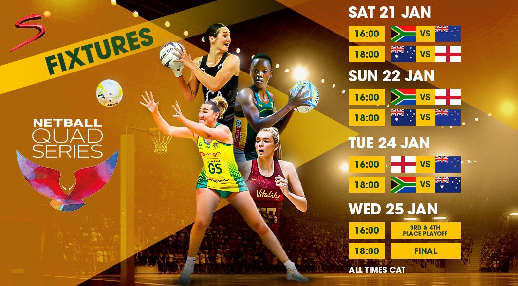#QuadSeries Eve!

Last outings before the <a href="/NetballWorldCup/">Netball World Cup</a> this summer!

Lots to look out for, especially-
🇿🇦Pretorius &amp; Coach Plum back 
🇦🇺Hadley&amp;Watson mid court combo 🇳🇿Toeava feeding Nweke
🏴󠁧󠁢󠁥󠁮󠁧󠁿Fadoju&amp;Tchine next step

Coverage starts at 13:30 GMT <a href="/SkyNetball/">Sky Sports Netball</a> Sat,Sun,Tue,Wed 👊🏾