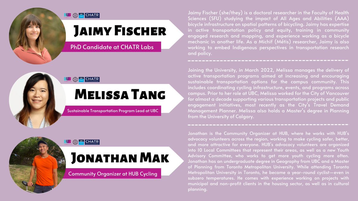 Introducing the speakers for "Breaking Down Barriers to Cycling" event happening next Tuesday, January 24th, 2023 - @JaimyFischer, Melissa Tang, and Jonathan Mak. 

Register NOW!
In-person: eventbrite.com/e/breaking-dow…
Online: ubc.zoom.us/webinar/regist…

#UBC #vancouver #cycling