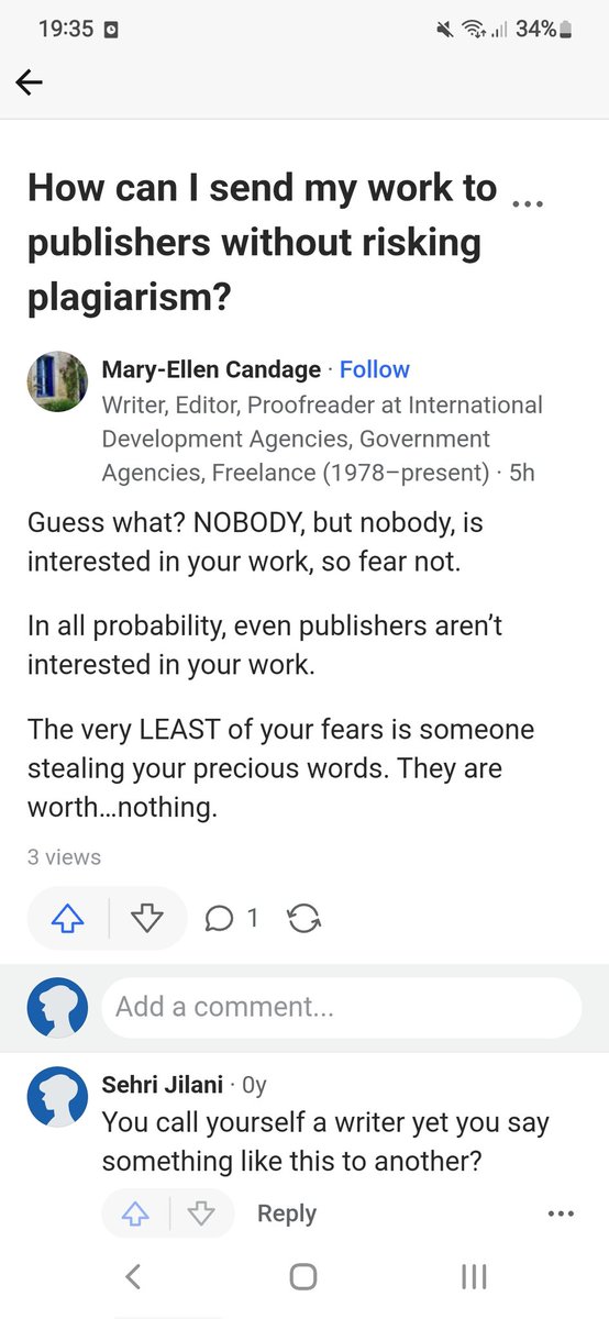 ittooshallpass's tweet image. Name and shame to you Mary-Ellen Candage of Quora.

How absolutely tragic for someone who calls themselves a writer to say something like this to another.

#Quora #Writer #Publsihing #Writer