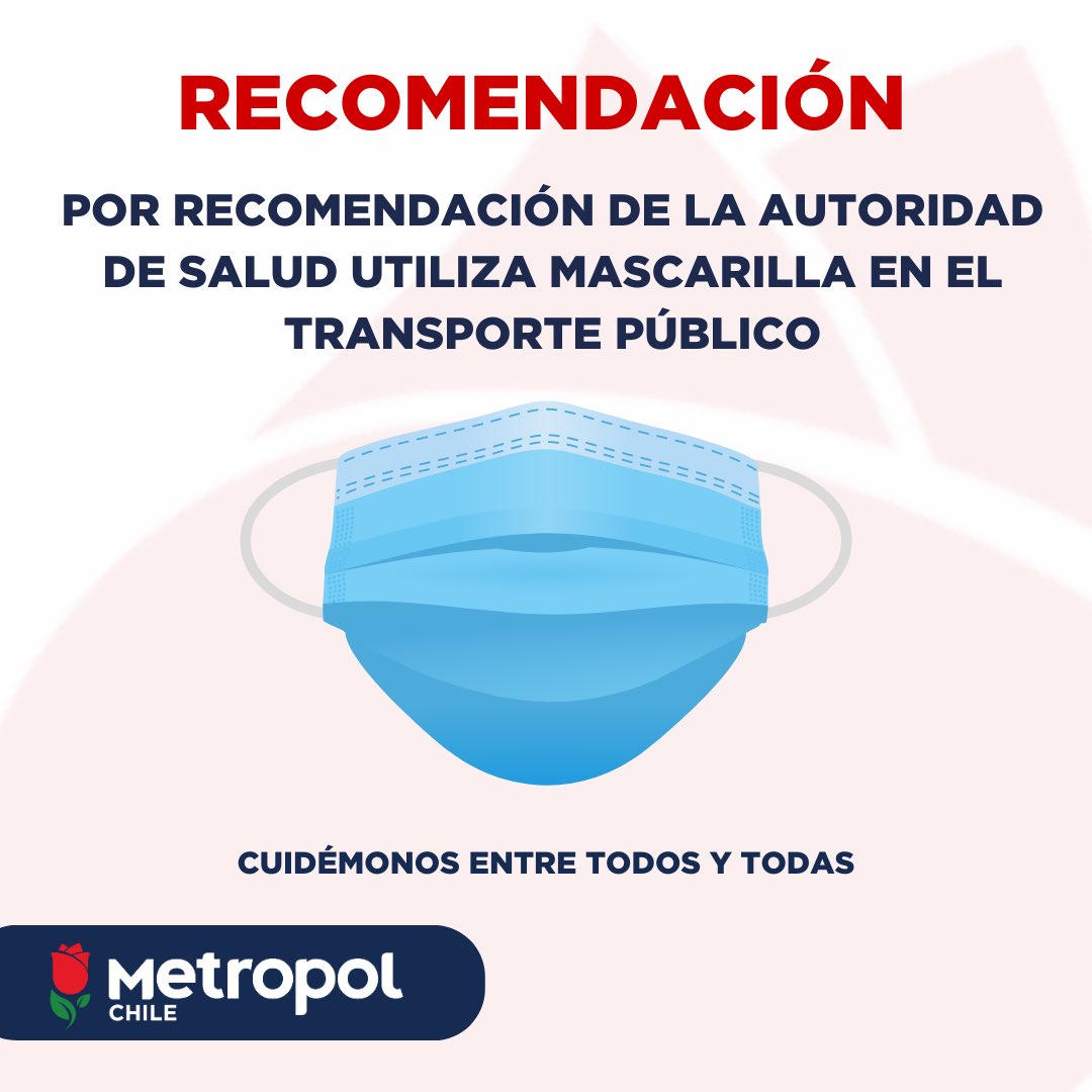 MetropolChile's tweet image. 🚍😷  Recuerda que según recomendación de autoridades es mejor utilizar mascarilla en el transporte público. 

#cuidémonosentretodos
