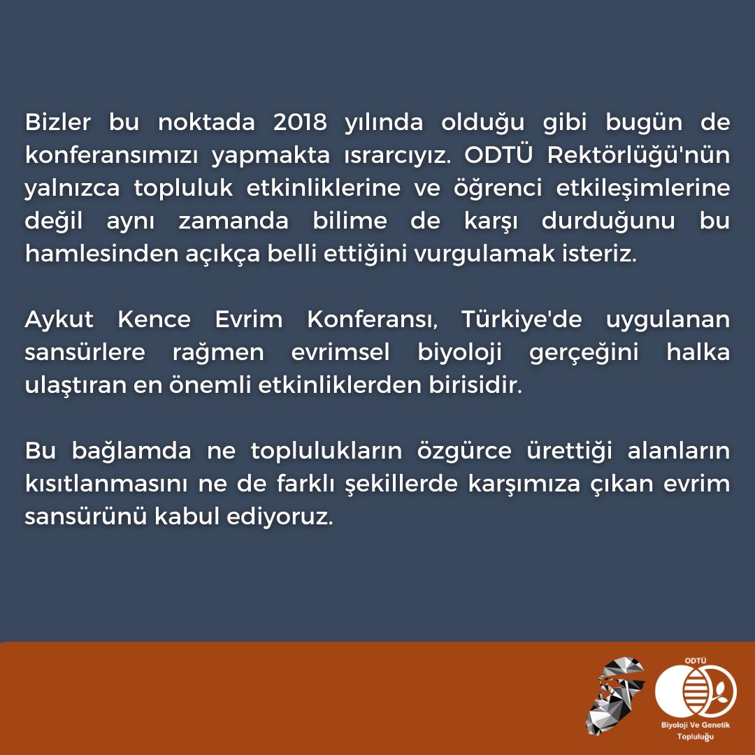 OdtuAkek's tweet photo. 17. Aykut Kence Evrim Konferansı Organizasyon Ekibi olarak, Orta Doğu Teknik Üniversitesi Rektörlüğü'nün güncel kararıyla ilgili duyurumuzdur. 

#AKEK17 #AKEC17 #ODTU #METU https://t.co/1LJJkg8Loq