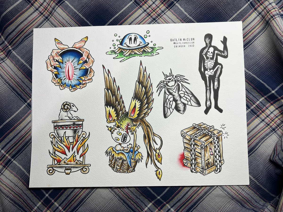 GatlinMcClun's tweet image. Some odds and ends! My final painted sheet from 2022! It’s been in the shop a couple weeks, but posting first here on twitter!
#flashtattoo #CrimsonTattooKC #flashsheet #KansasCityTattoo #traditionaltattoo