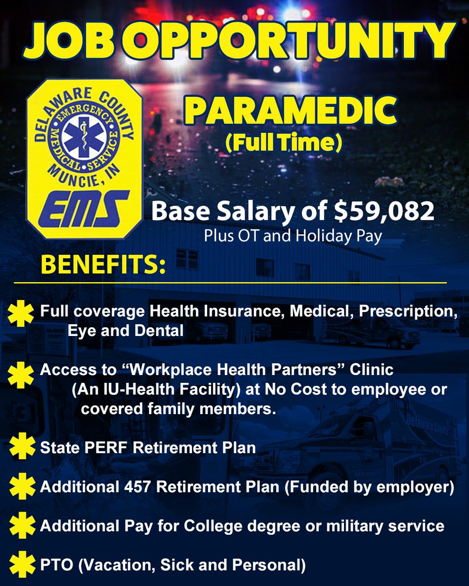 DelawareIndiana's tweet image. Delaware County Emergency Medical Services has openings for Paramedic positions (Full Time).

Full Job Posting:
bit.ly/DCEMSparamedic

Application:
bit.ly/DCEMSapplicati…