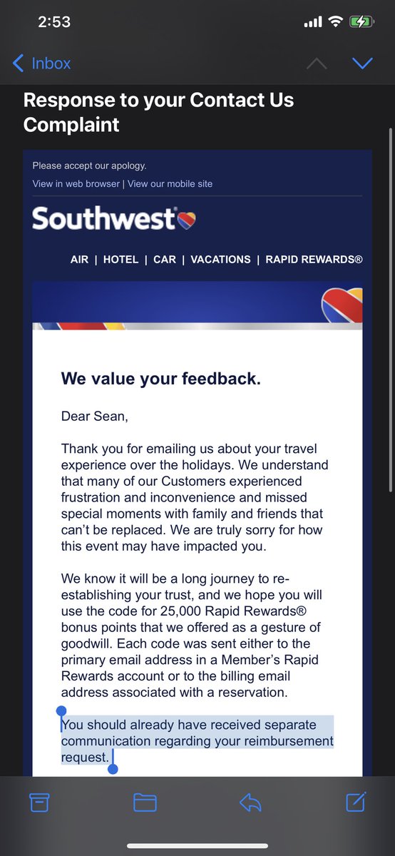 scleary26's tweet photo. @SouthwestAir still waiting on “communication regarding (my) reimbursement request” 3.5 weeks later… https://t.co/kvl6jqbtsY