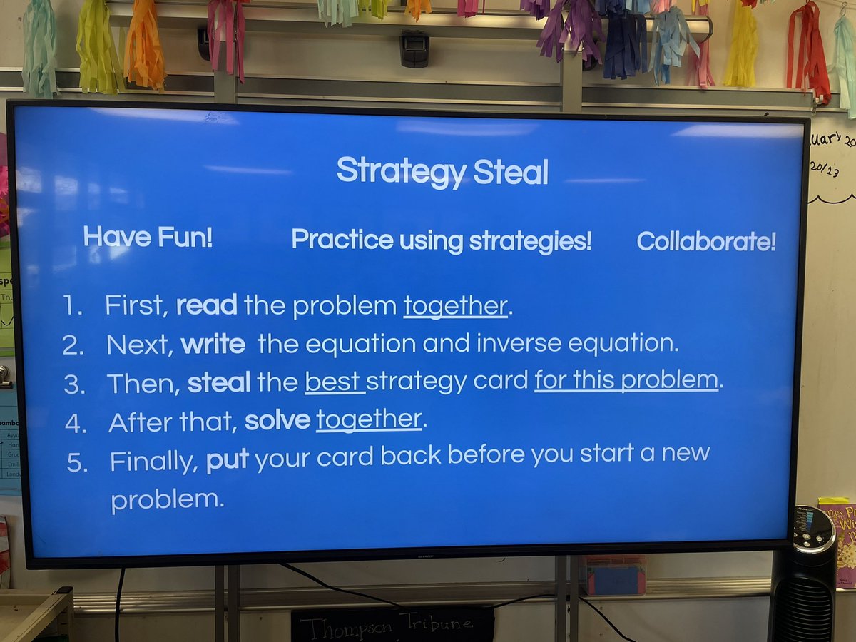 ThompsonFWES's tweet photo. We had a lot of fun playing Strategy Steal in math today! What they liked: working furiously fast with friends! What I liked: they had to analyze each problem and think carefully about what strategy they wanted to steal. #FWESDestinationLearning https://t.co/414heUBRvR