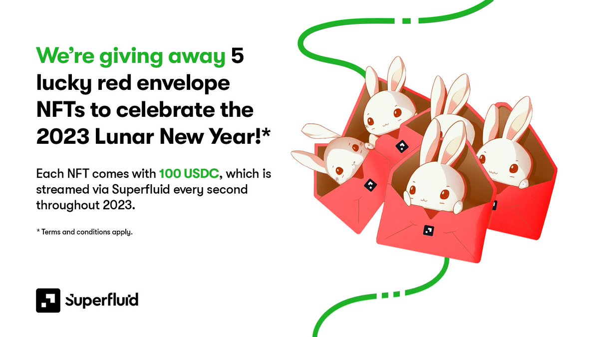 To celebrate the 2023 Lunar New Year and the Year of the Rabbit, we’re giving away 5 lucky red envelope NFTs that stream 100 USDC!

To enter, all you have to do is follow us and RT + like this tweet 🎉

Check out the full terms and conditions 👇

use.superfluid.finance/redenvelopeter…