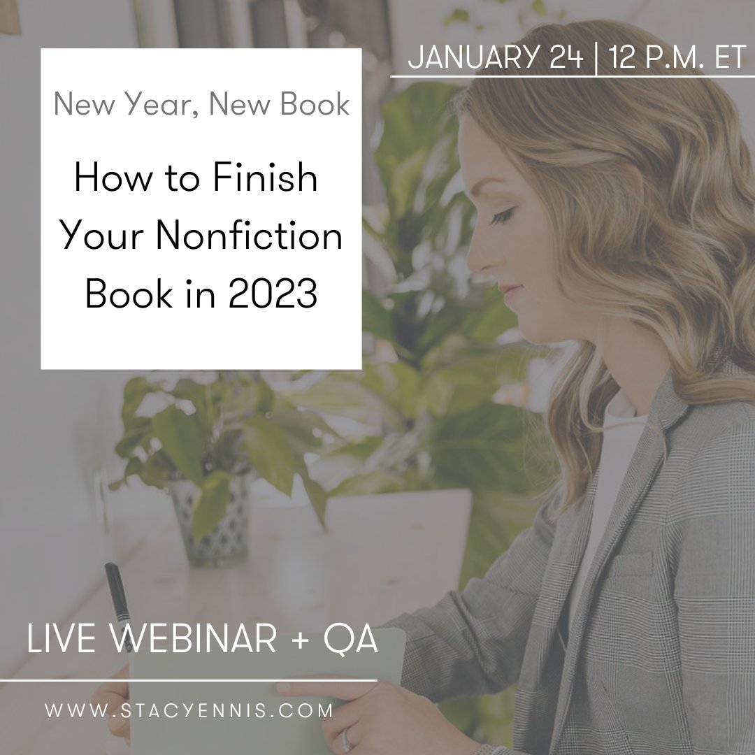 *New webinar date*

Did you miss my last webinar, “New Year, New Book: How to Finish Your Nonfiction Book in 2023”? Don’t worry—I’m doing it again.

Register now: stacyennis.com/newyearnewbook
#howtowriteabook #nonfictionbookschool #webinar