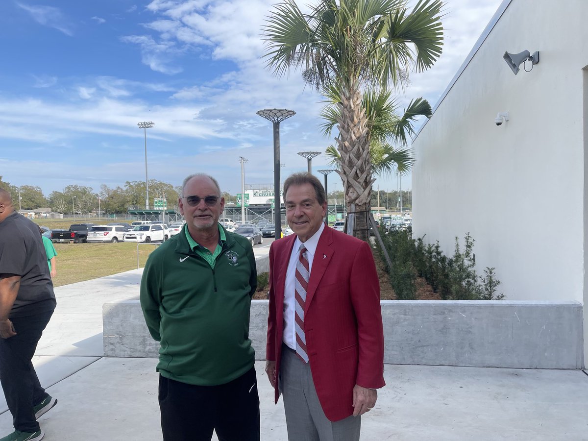 TC basketball coach Don Dziagwa with Alabama football coach Nick Saban during his visit to TC.