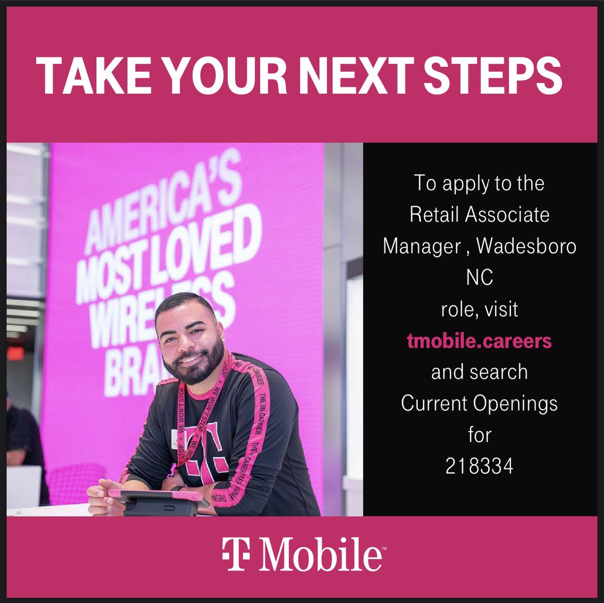 Thinking about your next steps ?!?! Come Apply to RAM, Wadesboro NC T-Mobile. Come be part of something here at T-Mobile @TiNaDeTre #T-Mobile #Hiring #SMRA