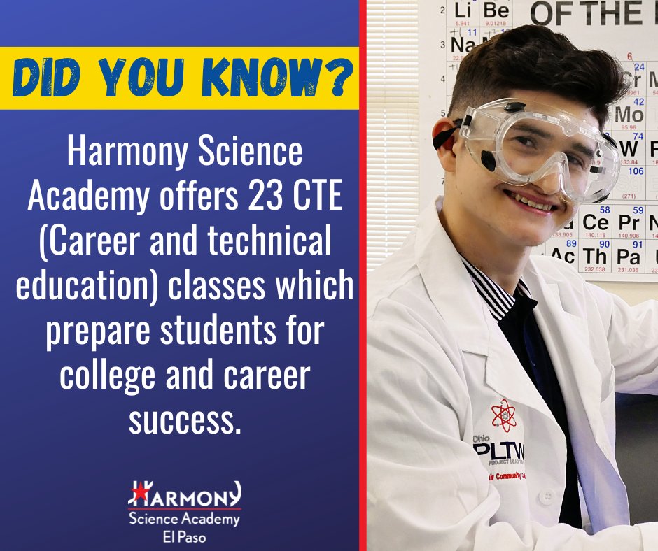 Did you know... Harmony Science Academy offers 23 CTE (Career and technical education) classes which prepare students for college and career success.