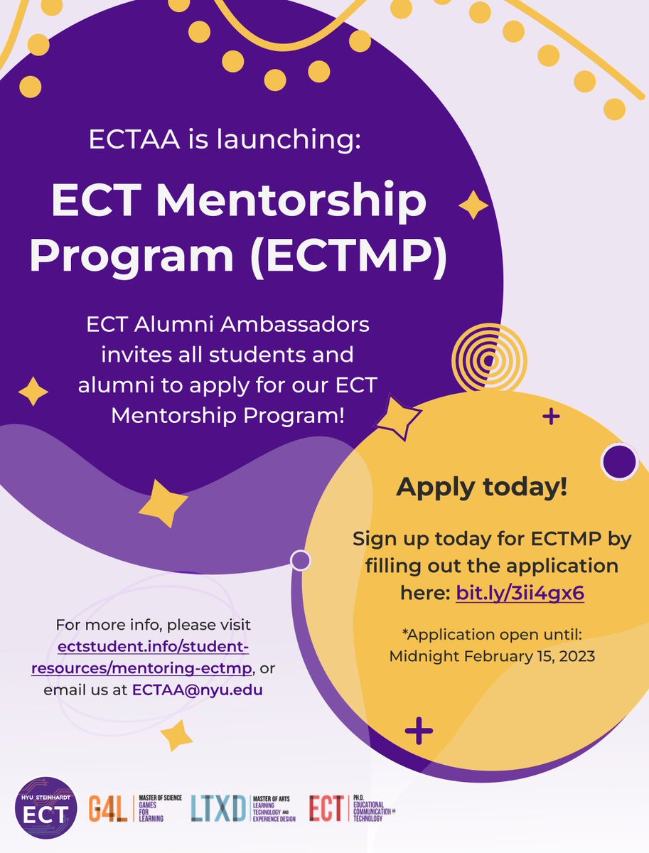 The ECT Alumni Ambassadors is back with some great news about the ECT Mentorship Program! We invite our current students and alumni to participate in ECTMP, as a gateway for you to shine as successful professionals! Learn more here! bit.ly/3ii4gx6