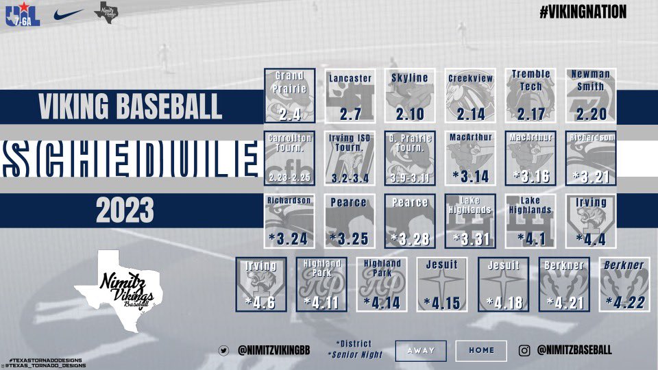 Here is your Nimitz Varsity Baseball team’s 2023 schedule!

Courtesy of @coach_coronado7 #TexasTornadoDesigns

@NimitzVikings @IrvingISD @IISDAthletics @VikingDirector