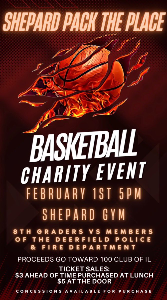 Join us at <a href="/109Shepard/">@109Shepard</a> on February 1st at 5:00 PM for Police/Fire VS. 8th Grade Basketball Game! All ticket admission ($5) and concessions will support the <a href="/100ClubIllinois/">100ClubOfIllinois</a> which provides resources, financial support, training, and moral support for families of first responders!