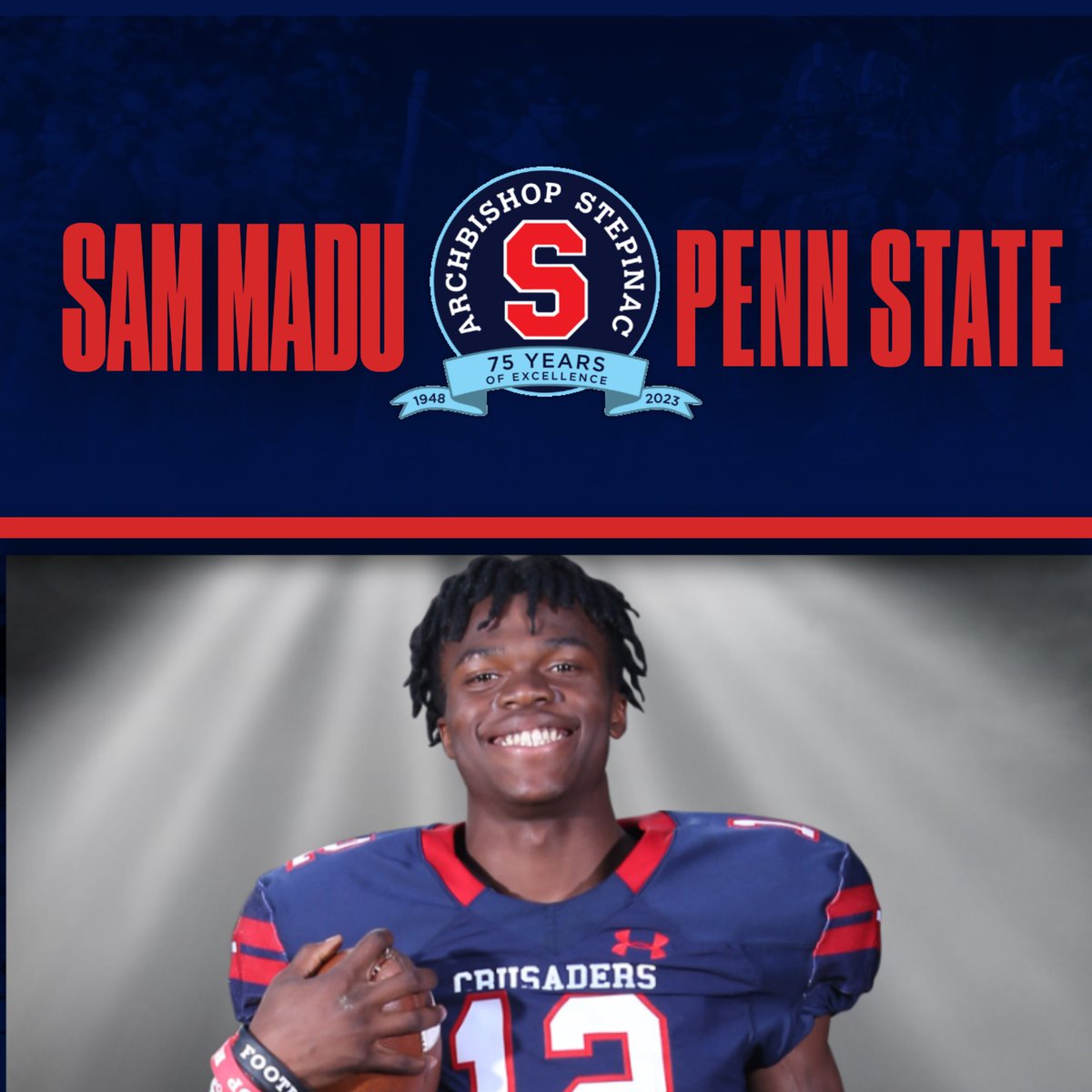 StepinacSports's tweet photo. Congratulations to Sam Madu &amp; family on your offer from Penn State University. @PennStateFball @Coach_Elby @CoachTerryPSU @coachjfranklin @alexgleitman  @lohudsports @PrepRedzoneNY @Kdjmedia1 @hoopsmbd @CoachDScott1
@Harlem__Jets @AboutUOutreach #Stepinac75 #StepinacHS https://t.co/8s1J4ePVsy