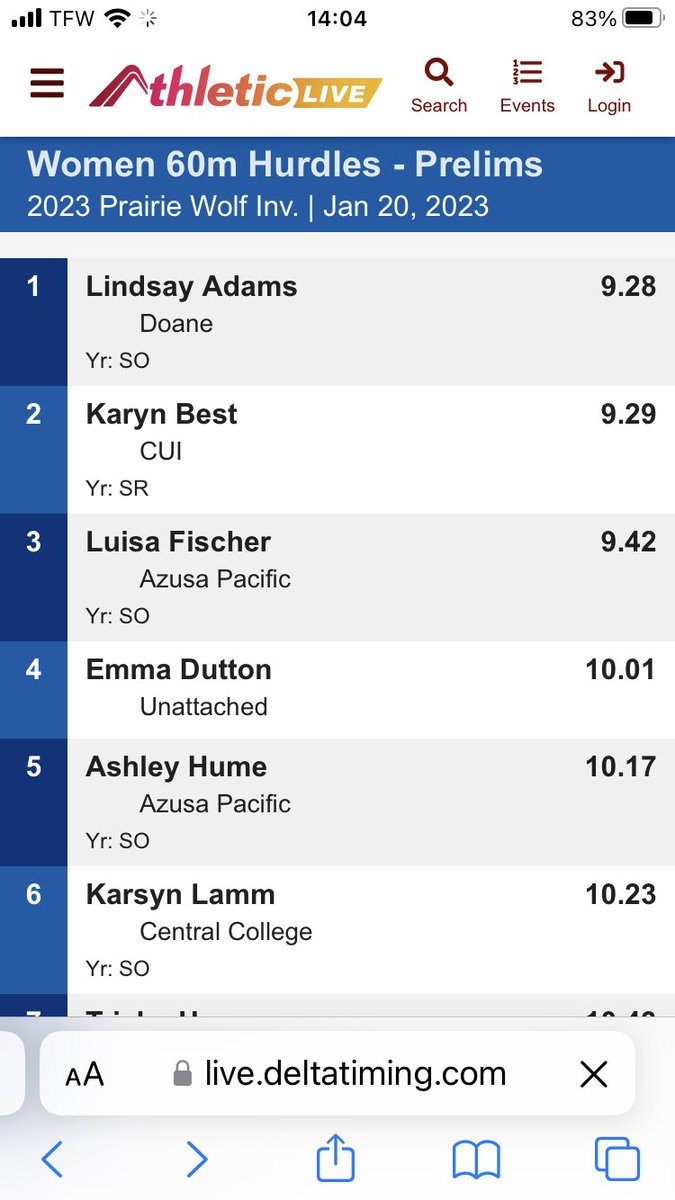 Scoop_DoaneTF's tweet photo. #PrairieWolf Invite women’s 60m hurdles prelims:  #DoaneTF’s Josie Garrett and @lindsayadamssss both advance to the final https://t.co/2Y78lZs0tu