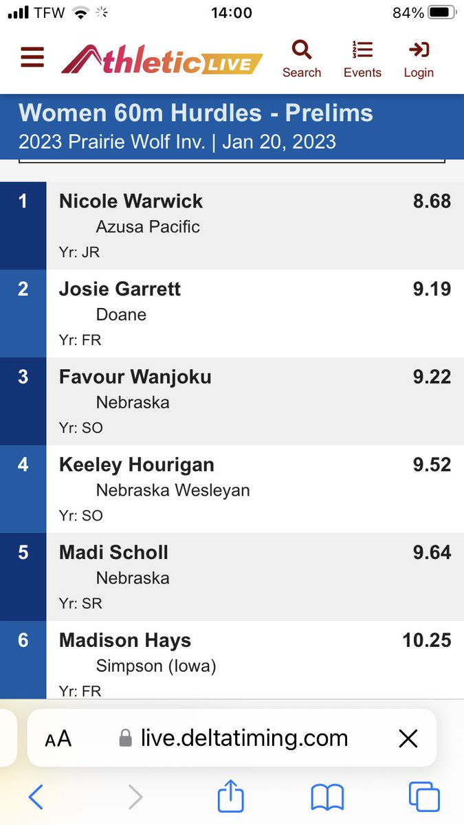 Scoop_DoaneTF's tweet photo. #PrairieWolf Invite women’s 60m hurdles prelims:  #DoaneTF’s Josie Garrett and @lindsayadamssss both advance to the final https://t.co/2Y78lZs0tu