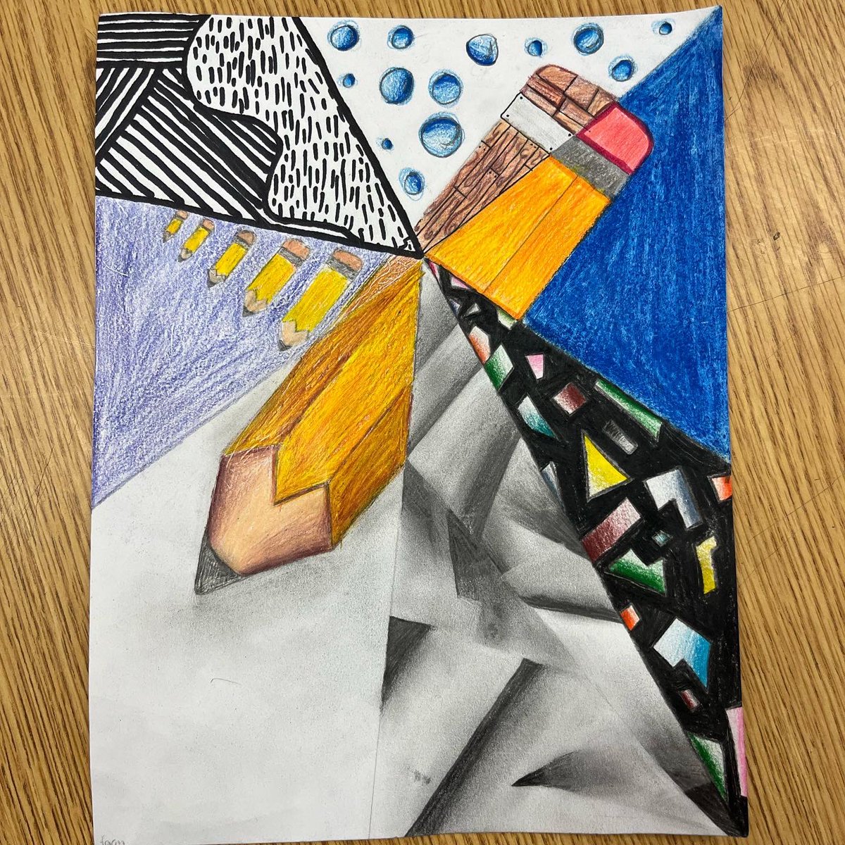 LaurenWellArt's tweet image. Art 1: Intro to art is learning about the Art Elements. They chose 1 object and then divide their paper in 7 section. Then I’m each section illustrated a different Art Element. #rennerstrong #rennerart #pisdcreatesart #k12artchat #fabartsfri