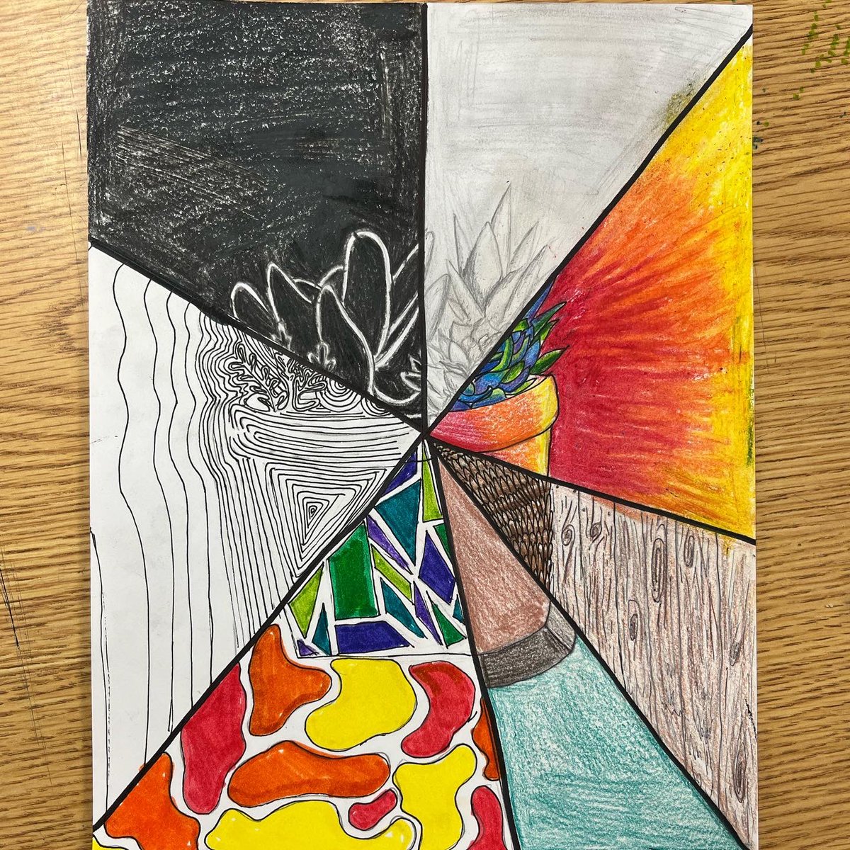 LaurenWellArt's tweet image. Art 1: Intro to art is learning about the Art Elements. They chose 1 object and then divide their paper in 7 section. Then I’m each section illustrated a different Art Element. #rennerstrong #rennerart #pisdcreatesart #k12artchat #fabartsfri