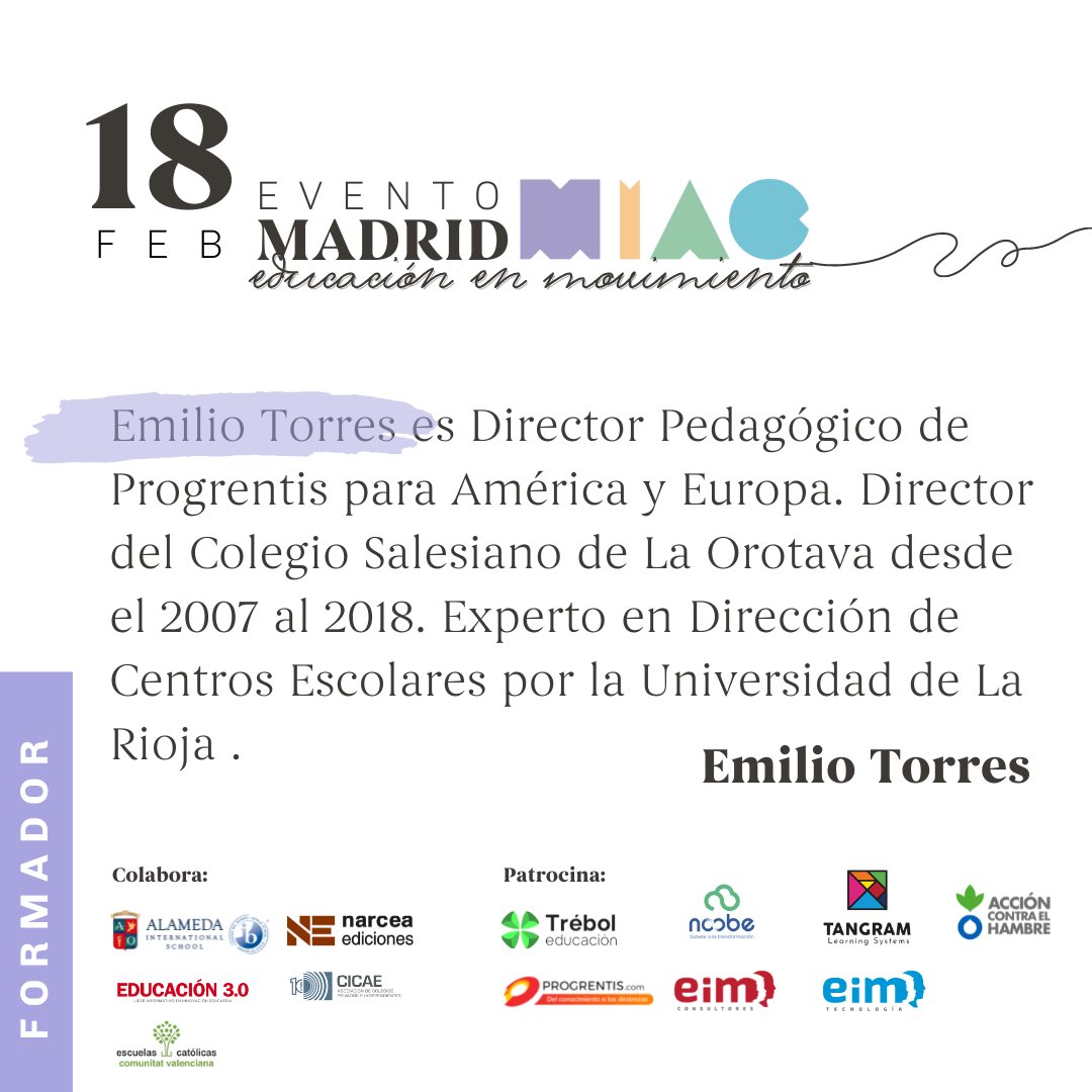 MIACeduca's tweet photo. 🗣️ @EMILIOTORRESEDU, Director de Progrentis, con más de 10 años de experiencia en Dirección. Ante todo, un gran amigo y colaborador de MIAC desde sus principios. 

Su conferencia en el #eventoMIAC 👉🏼 Arquitectos de un nuevo paisaje educativo. 

👉🏼 https://t.co/s7Ps6U3FoC https://t.co/khTyl3uhnS