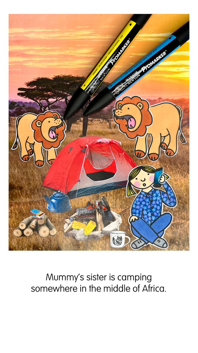 It's #TinsterTuesday and mummy’s sister is camping somewhere in the middle of Africa! Lions are roaring right outside her tent! Will she be able to hear when Mummy calls her?🦁 

Illustration from: 
Do Babies wear pyjamas?#
#kidlitart #PB #illustration