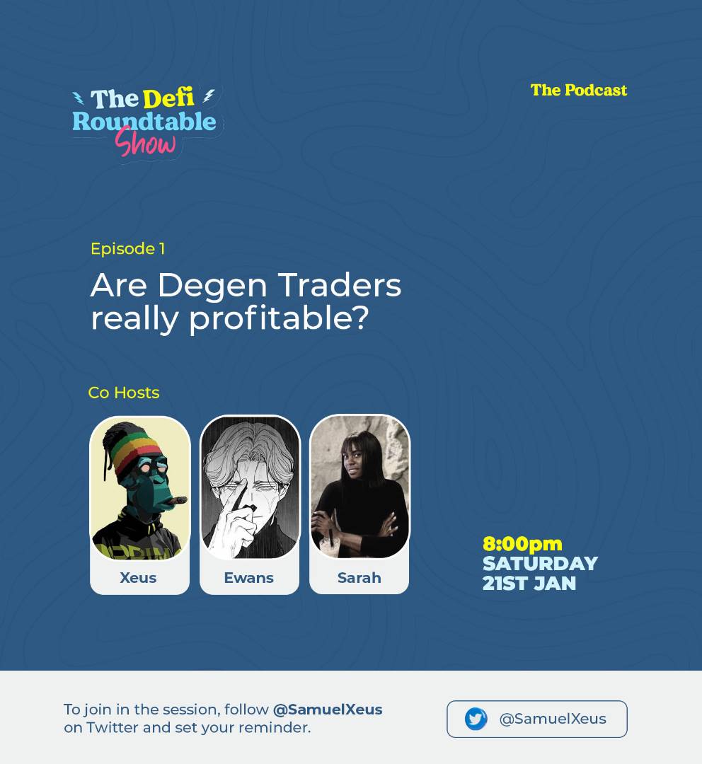 SamuelXeus's tweet photo. "Are Degen traders really profitable?"

Yes, they show the 1000%, Show you green lines on their charts, but are they really making money? Or is it just an act to keep your attention?

Join us this Saturday, on the first ever Episode of the DeFi Roundtable Series:

🧵 1/3👇 #RT https://t.co/6nmczQDLog