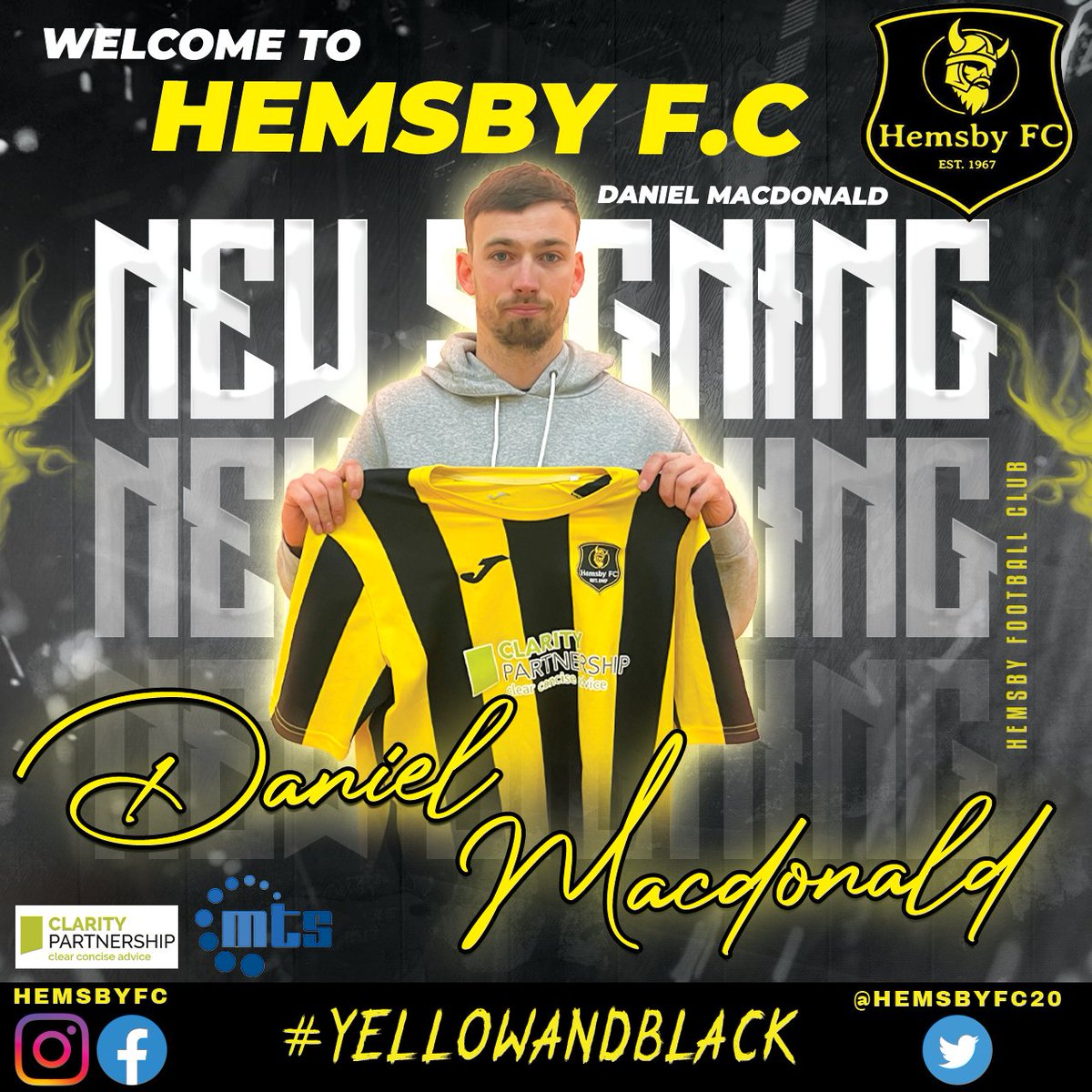 HemsbyFC20's tweet photo. 🟡⚫️NEW SIGNING⚫️🟡
We are pleased to announce we have signed @daniel_m08 Daniel Macdonald to Hemsby F.C 💪
Thank you to @BungayTownFC for their co-operation with the transfer.
Welcome to the club Daniel 🟡⚫️
#hemsbyfc #nonleague #newsigning #mtselectrical #claritypartnership https://t.co/rVdapYjF5c