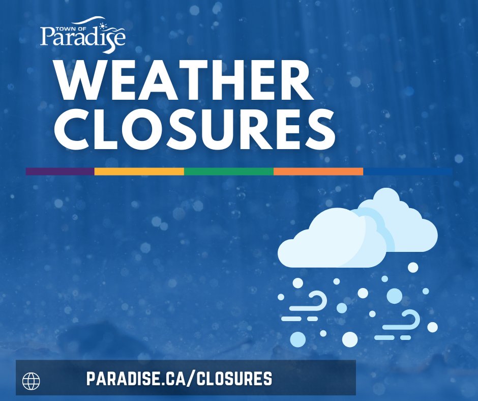 townofparadise's tweet photo. ❄️Due to the forecast, all Town recreational facilities, including the Paradise Double Ice Complex, and the Fitness Centre, will have a delayed opening on Saturday, January 21, 2023. An update will be provided by 12 noon on Saturday.
https://t.co/mV5kT0LZ5X
#nlwx https://t.co/uxITuZcOq3