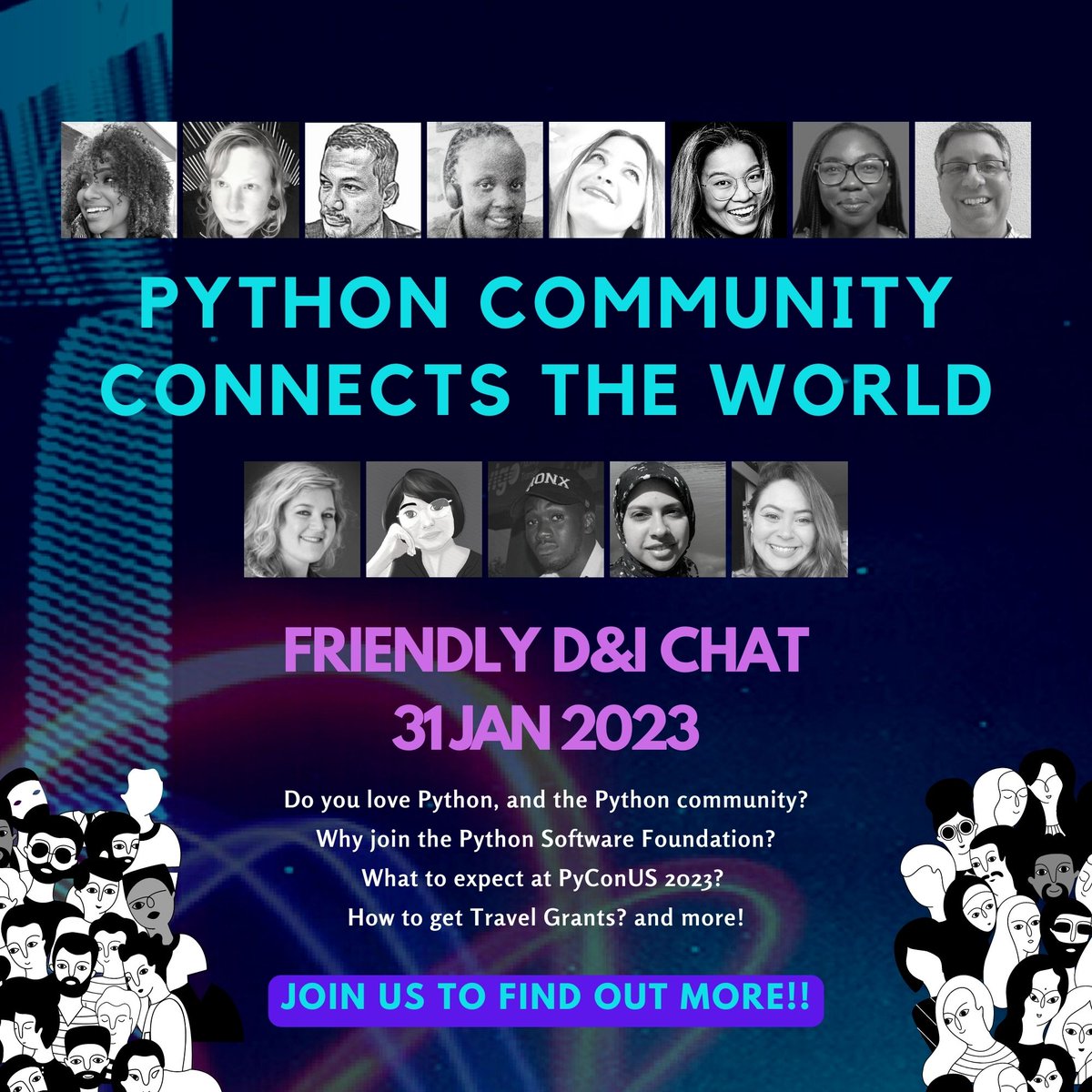 Why join the Python Software Foundation? 
Join the PSF’s Diversity and Inclusion Working Group on January 31st for an introduction to the PSF, a description of what it does, and how getting involved can improve the entire Python community.
Sign up now! events.hubilo.com/dni-friendly-c…