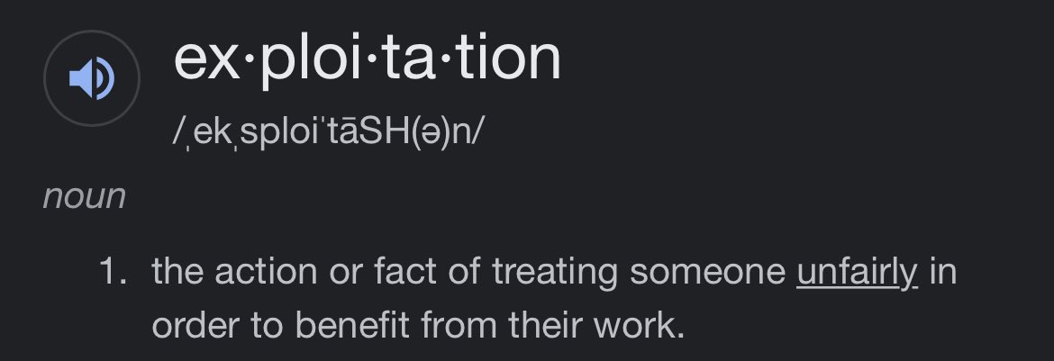 JessicaLBurbank's tweet image. First, there is no free choice if your options are sell your labor for less than it’s worth or be hungry and homeless.

Second, that is not the definition of exploitation in use here. 

!!!