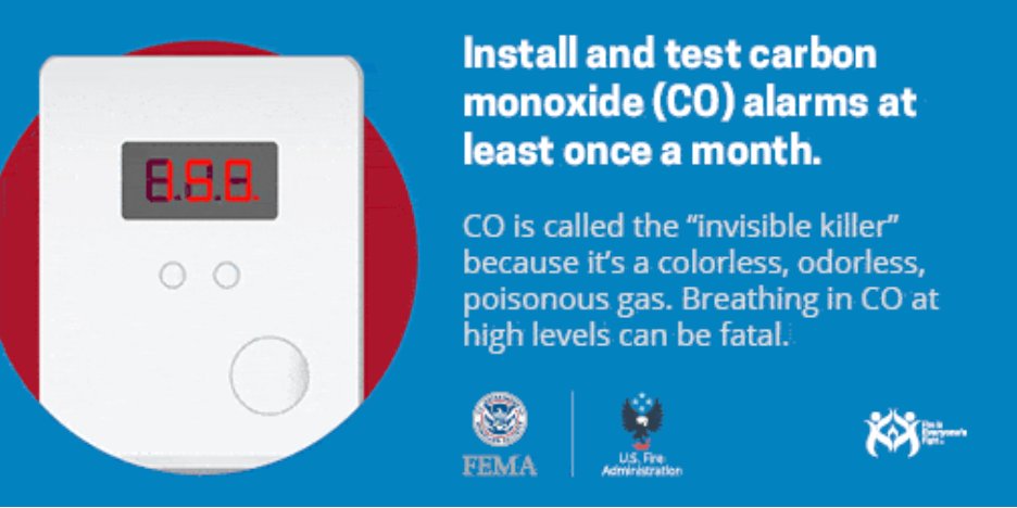 Prospecthtspd's tweet photo. Test your Carbon Monoxide alarms once a month.  CO is odorless, colorless, and undetectable to human sense.  Many people are not aware they are being exposed.  Symptoms of low to moderate CO poisoning include: headache, fatigue, shortness of breath, nausea, and dizziness. https://t.co/lW22uIbyb6