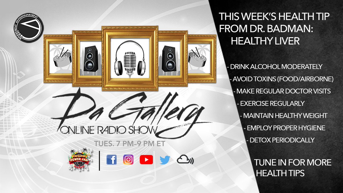 #HealthTip by Dr. BadMan on a recent show about #Healthy #LiverFunction

Disclaimer: I am not a real doctor. I just play one on the #radio

Join @DaGalleryShow with @BenyaminBMB every Tues from 7 PM to 9 PM ET on @Caribbean_Jam #Radio

facebook.com/DaGalleryShow/

#Follow #DaGallery