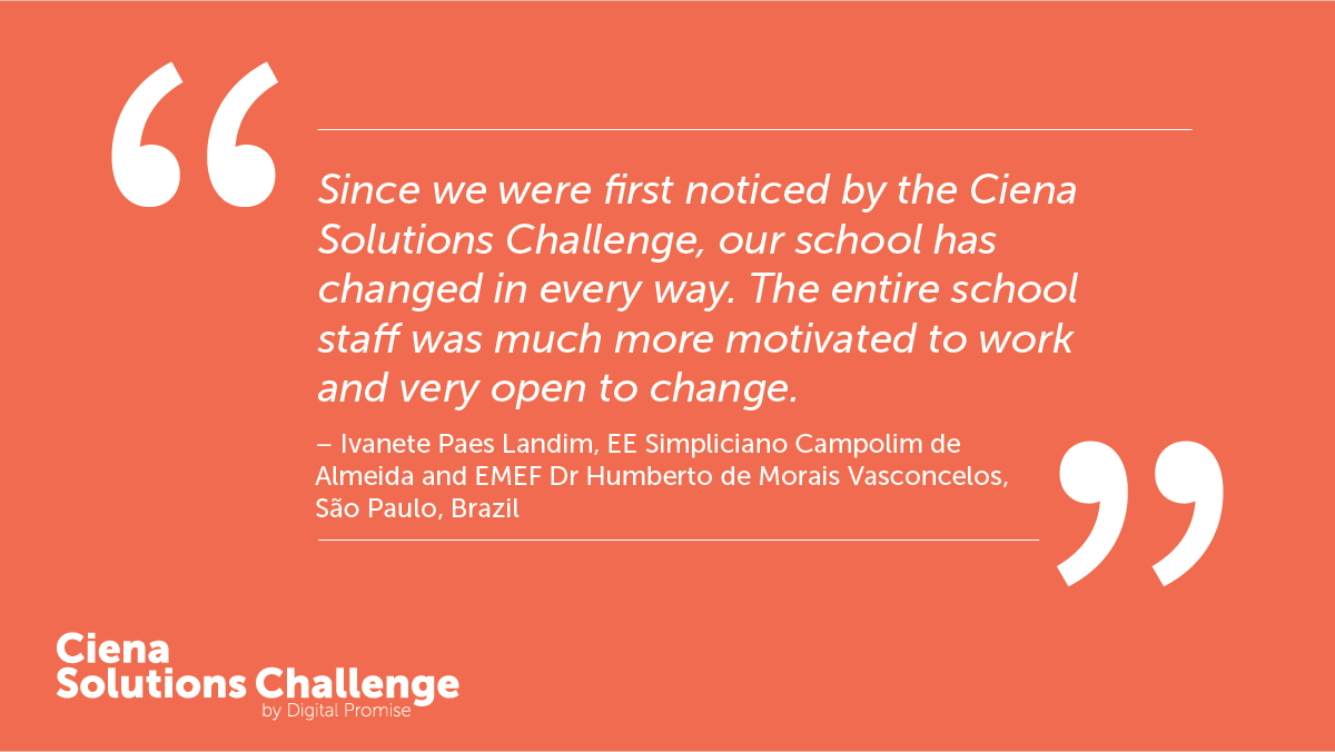 DigitalPromise's tweet photo. In Brazil, @midlan says receiving a #CienaChallenge Sustainability Award positively impacted her school’s culture. They’ve expanded their project to include a sustainable tourism project with their city’s tourism board. Learn more about their work: https://t.co/FORf37Opon @ciena https://t.co/oKVJrNUaIZ