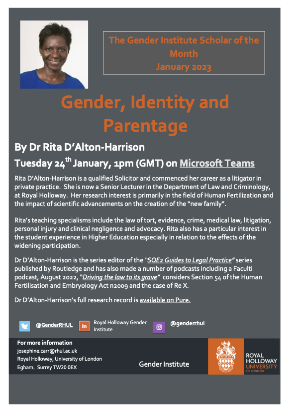 Don't forget tomorrow at 1pm: Dr Rita D'Alton-Harrison 'Gender, Identity and Parentage' via Teams.  Everyone is welcome, please contact Josephine.carr@rhul.ac.uk for the link @RitaDHarrison @RHUL_Law @rhulpirp @RHUL_Library  
@RHULManagement @RHULWiB
@wiasnofficial