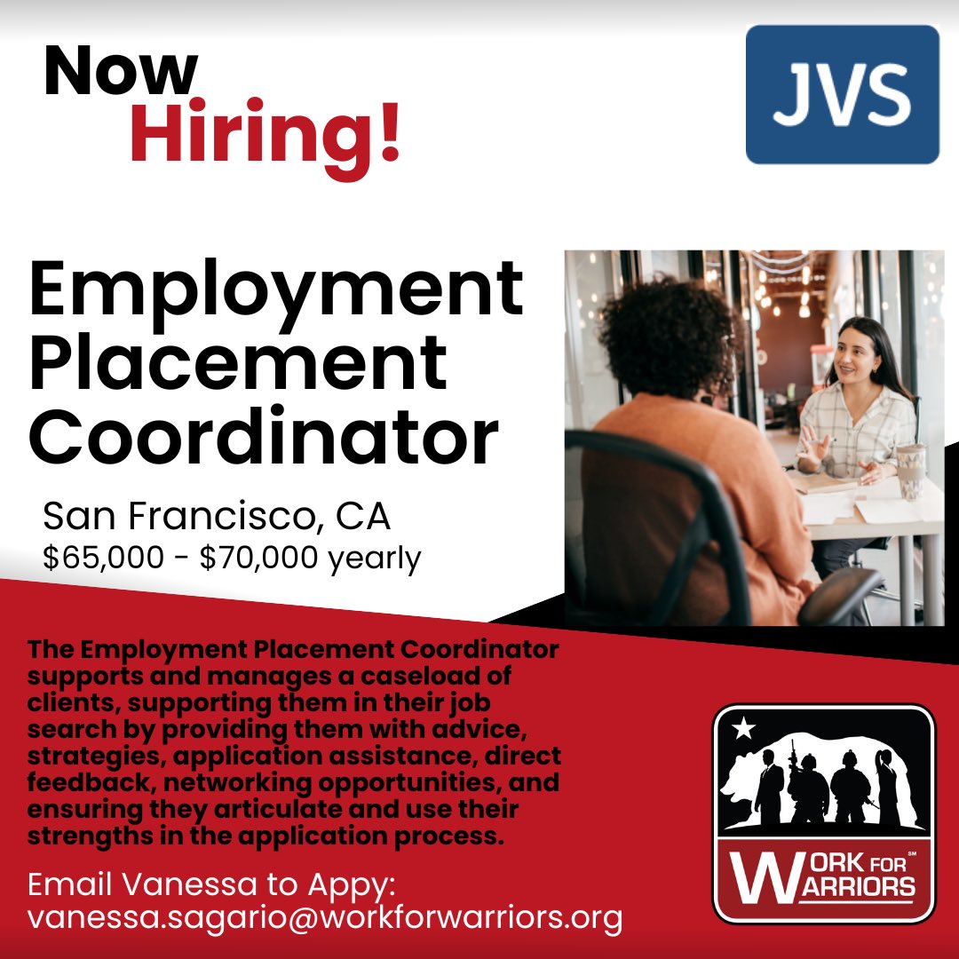 Team_WFW's tweet image. #repost #JVS is hiring in #sanfrancisco! #applynow by emailing Vanessa at vanessa.sagario@workforwarriors.org #sf #workforwarriors #veteranshelpingveterans #staffingredefined