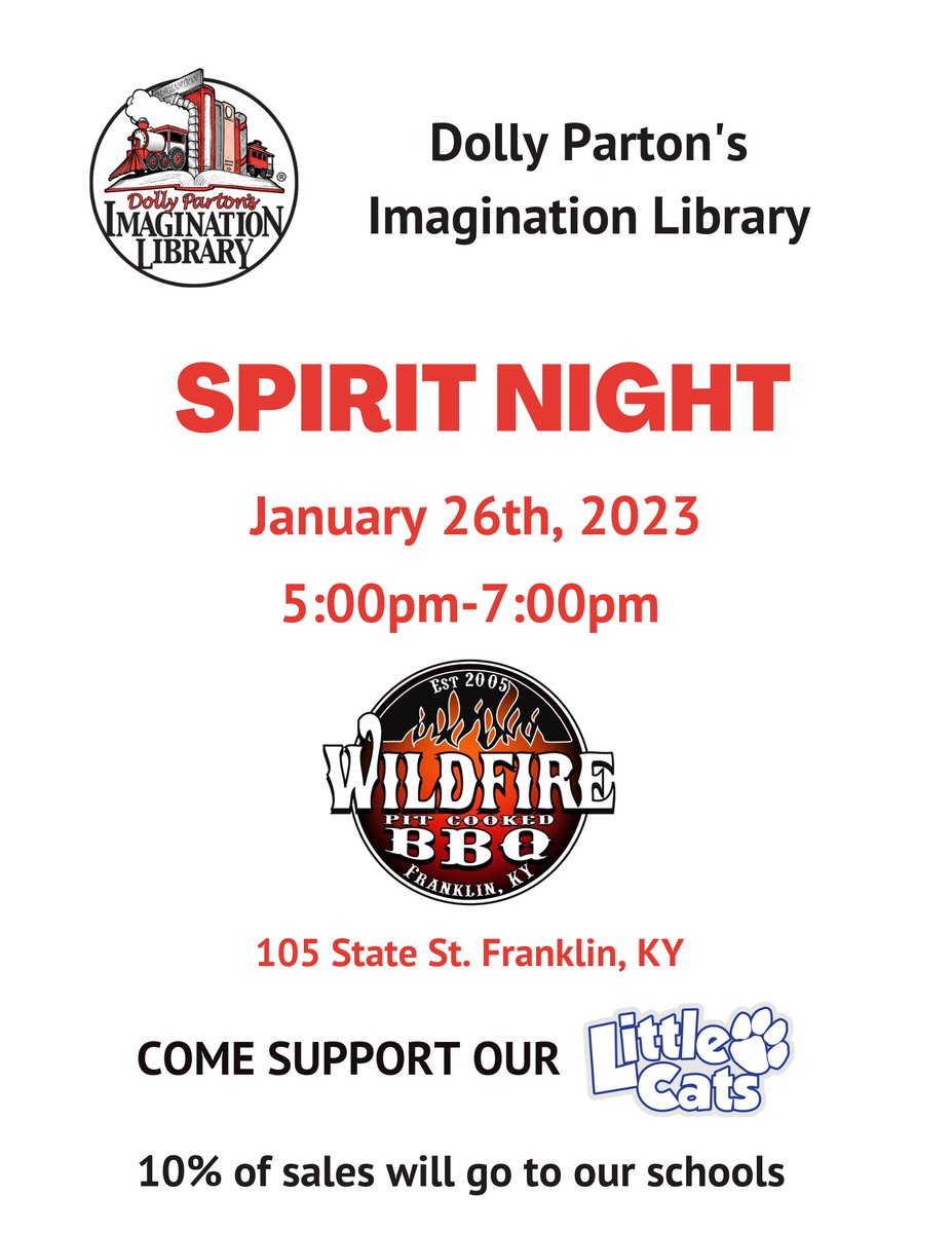 spirit1168's tweet photo. You may not want to read while eating BBQ, but join me for dinner at @wildfirebbq to benefit the Simpson Co chapter of @dollyslibrary 📚
1/26
5-7pm
Wildfire BBQ in Franklin
🐷
@FS_Schools @LincolnElem1 @FESLittleCats
#1FS #dollyslibrary #FRYSC #localmatters https://t.co/2Gwx4NpyFv