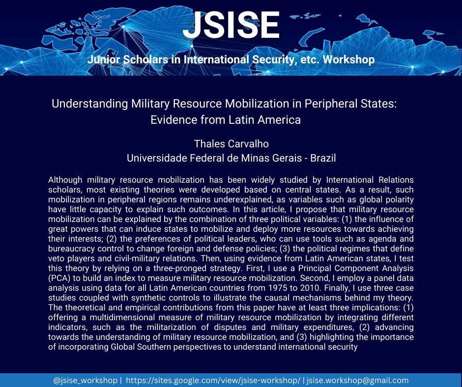 Join us for our next session on Tuesday, January 24, 12-1pm ET, where our very own <a href="/thaleslcarvalho/">Thales Carvalho</a> will present their work on military resource mobilization.

DM us for the Zoom link or visit our website to join the mailing list. We look forward to seeing you all!
