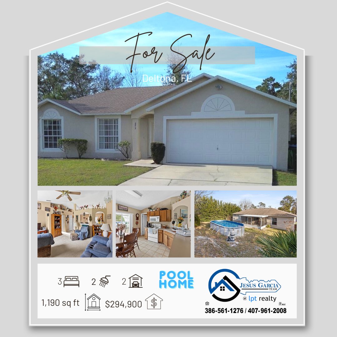 New listing!!

This well maintained home has an above ground pool and fenced backyard, located in Deltona. This could be your Home Sweet Home!

📱386-561-1276  
☎️407-961-2008

#JesusGarciaTeam #CentralFlorida #FloridaRealtors #DeltonaFL #HomeBuyers