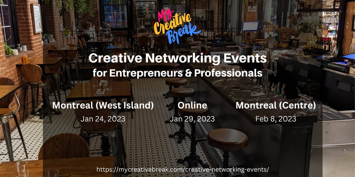 mycreativebreak's tweet photo. Our #creative #networking events are great for first-time networkers, introverts, new entrepreneurs and people who just want to try something new. Join us! Next: Tues Jan 24 in Dorval! https://t.co/GaBM68H8mf 
#Montreal #entrepreneurs #introvert #EVENT #startups https://t.co/iwcnEgaQKP