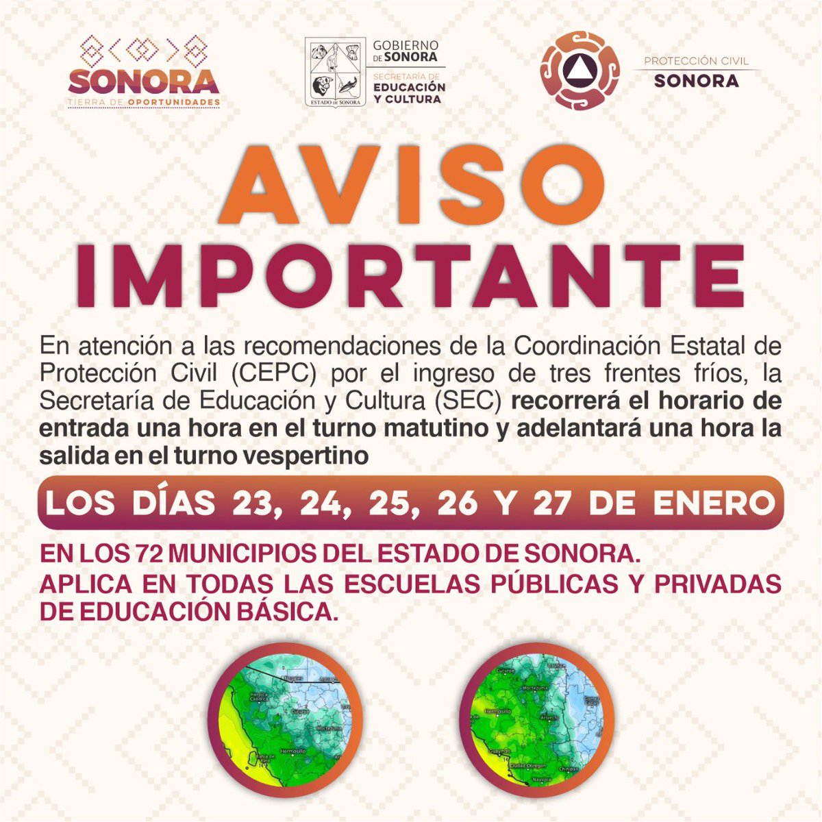 SECSonora's tweet photo. ⚠️ AVISO IMPORTANTE | por recomendaciones del @gobiernosonora a través de @cepcsonora y debido a tres frentes fríos en el estado, la @SECSonora recorrerá el horario a clases en los 72 municipios de #Sonora. https://t.co/22JdB0rpta