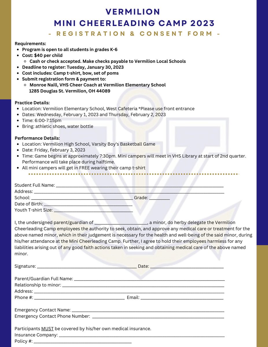 It's time to spread some Sailor spirit! VHS Cheer is hosting a Mini Camp for students in grades K-6. Students will learn cheer fundamentals and dance techniques to perform at halftime of the Varsity Boys Basketball Game on Feb. 3rd. Go Sailors!⚓️💜📣