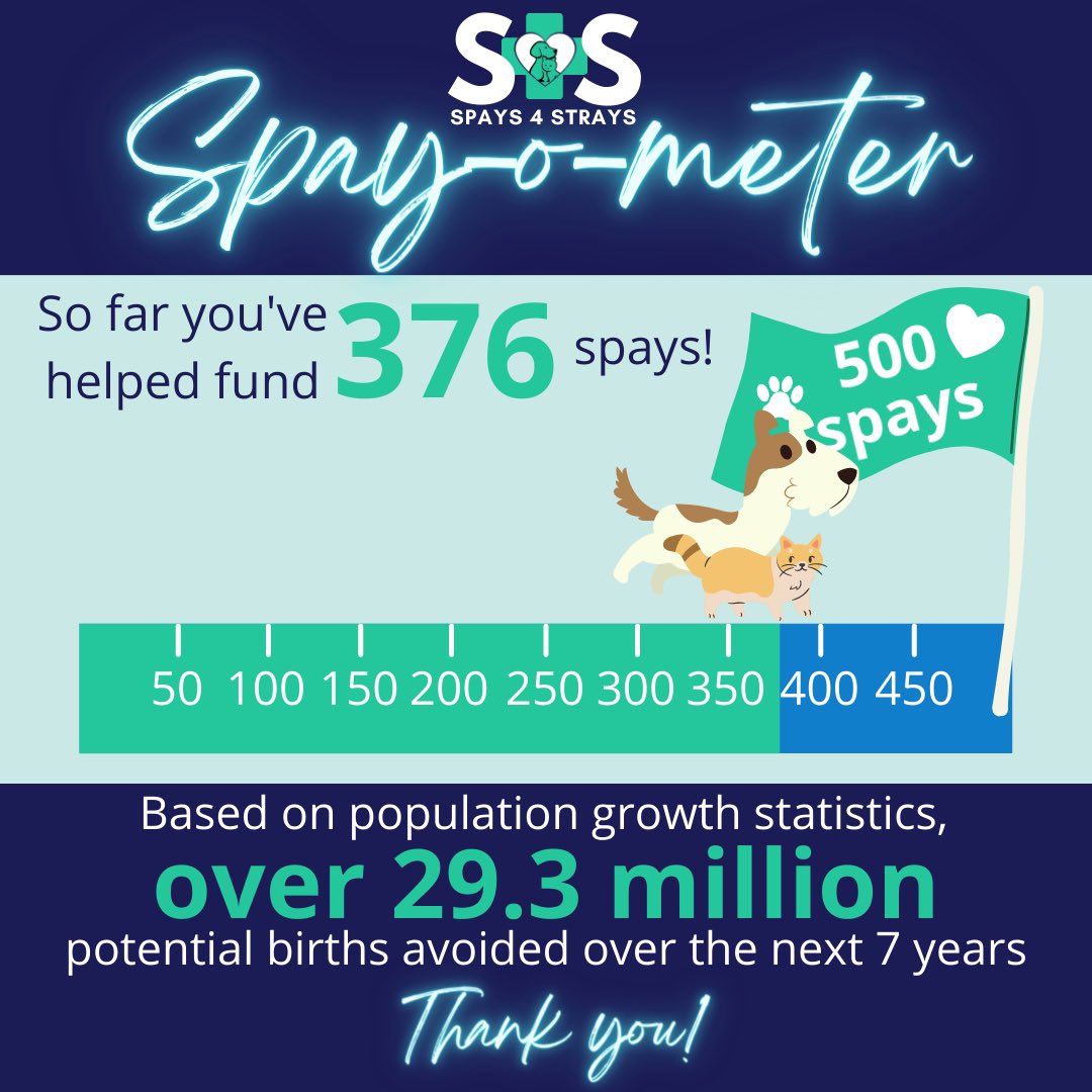 Spays4Strays's tweet photo. ⭐️Spay-O-Meter Update⭐️⁣
⁣
Our first update for 2023 takes us to 376 on our Spay-O-Meter!⁣⁣
⁣
Can you help us reach our next milestone?⁣
⁣
Donate here - https://t.co/fhYxMi1M4W ⁣
⁣
#rescuedog #dog #cat #rescuecat #spayandneuter #adoptdontshop⁣ https://t.co/4r3DsbK1pw