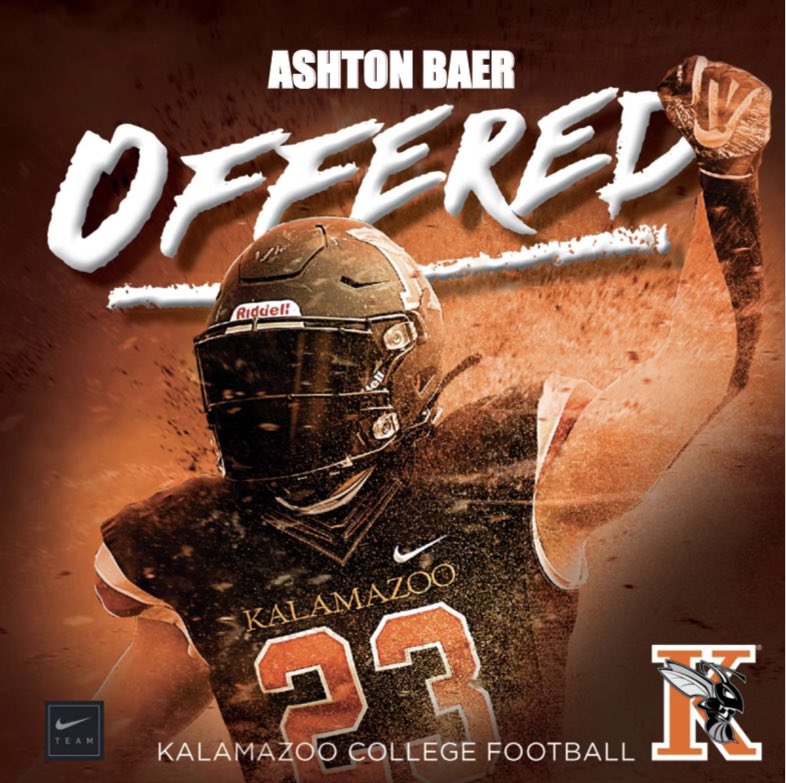 baer_ash's tweet photo. After a conversation with @CoachKrajacic, I am blessed to receive my second offer from Kalamazoo College! 
@CoachZorboKZOO @KzooFootball @VWCougarFB https://t.co/DfAVzVQYqy