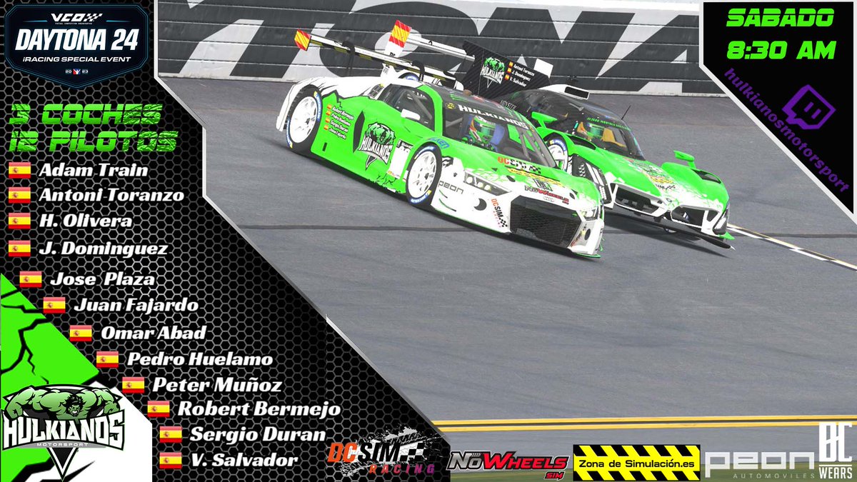 Tic, Tac, Tic, Tac, solo quedan horas para que los valientes Hulkianos se enfrenten a la VOC Daytona24 de <a href="/iRacing/">iRacing</a> #siemprehulkiano #simracing 
twitch.tv/hulkianosmotor…