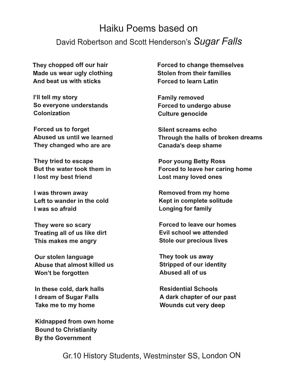 evendent's tweet photo. @PortageMainPres Student generated Haiku Poems based on the graphic novel Sugar Falls.  @DaveAlexRoberts and @Ouroboros09, your graphic story of a residential school survivor has made a lasting impact on @WestminsterSS students in @TVDSB. Thank you! https://t.co/ZX9ouMRvil