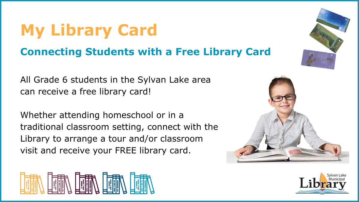 SylvanLib's tweet photo. Do you have a child in Grade 6 this year? Connect with the Library to receive a FREE library card!
Call us at 403-887-2130 or send us an email at sylvan.library@prl.ab.ca to arrange a tour or classroom visit for your child.
#MyLibraryCard is good for one year! #SylvanLake https://t.co/7RU0k04biD
